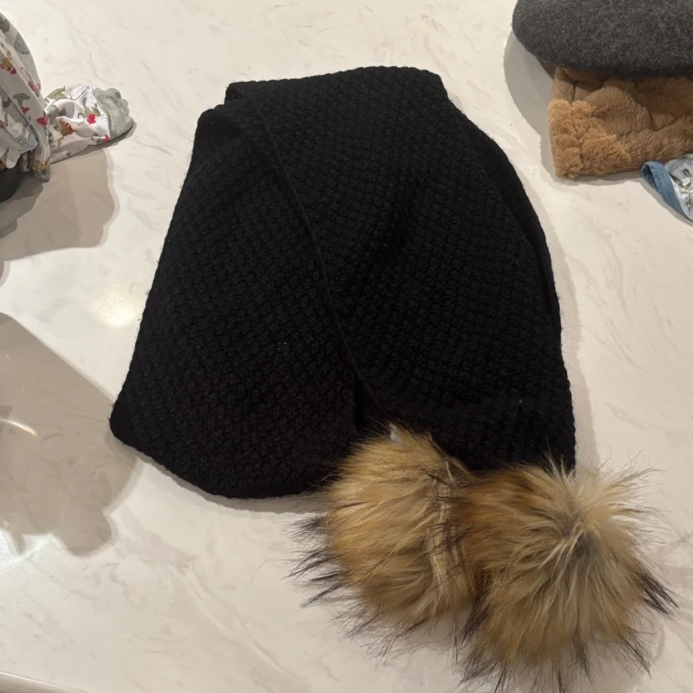 Lauren Ralph Lauren Black Knit Scarf with Faux Fur Pom Poms
